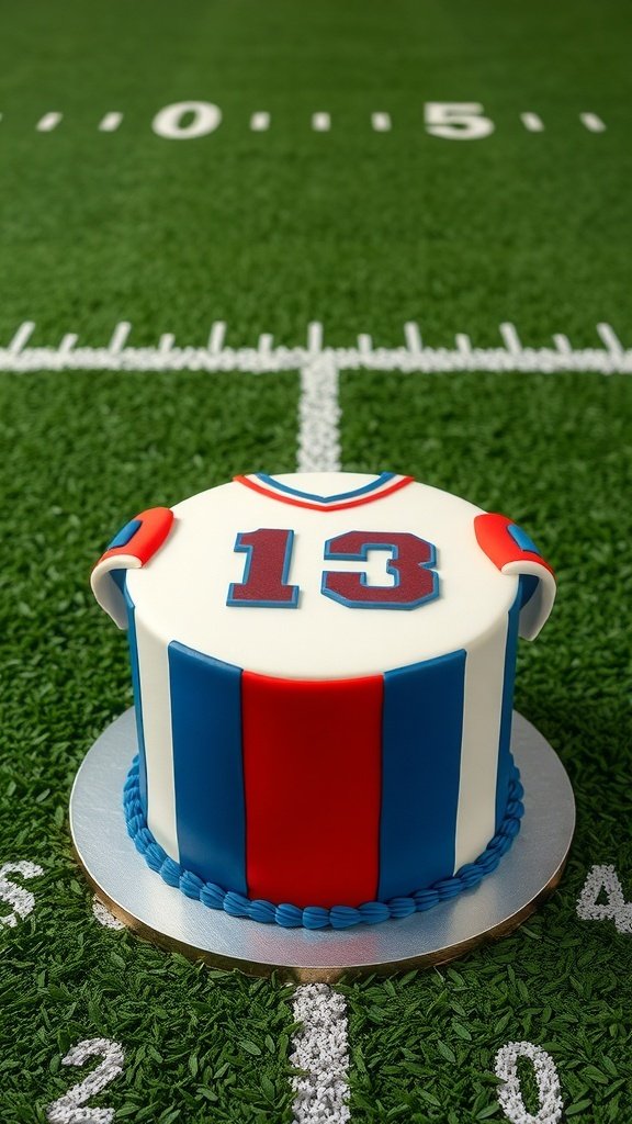 A sports jersey cake designed with red and blue stripes and the number 13, placed on a football field.