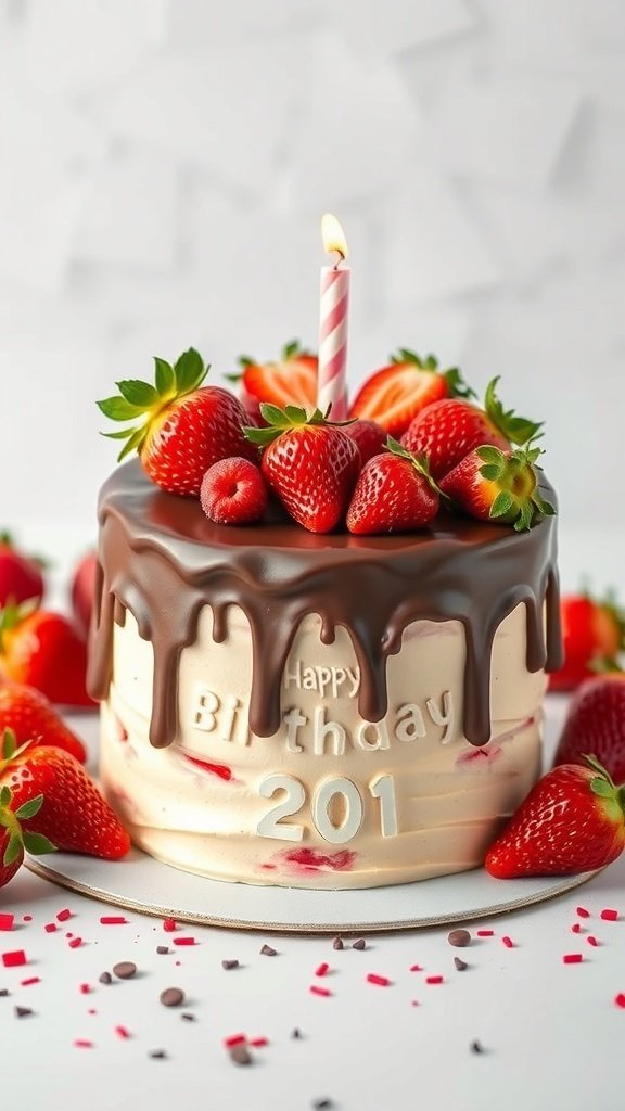 A birthday cake with strawberries and chocolate ganache, topped with a candle.