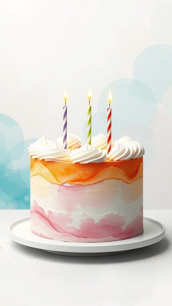 A beautifully decorated birthday cake with a watercolor design in shades of orange, pink, and white, topped with three colorful candles.