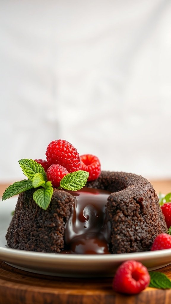 A chocolate lava cake with a molten center, garnished with fresh raspberries and mint leaves.