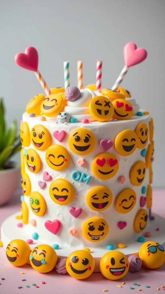 A colorful birthday cake decorated with various emoji faces and heart shapes.
