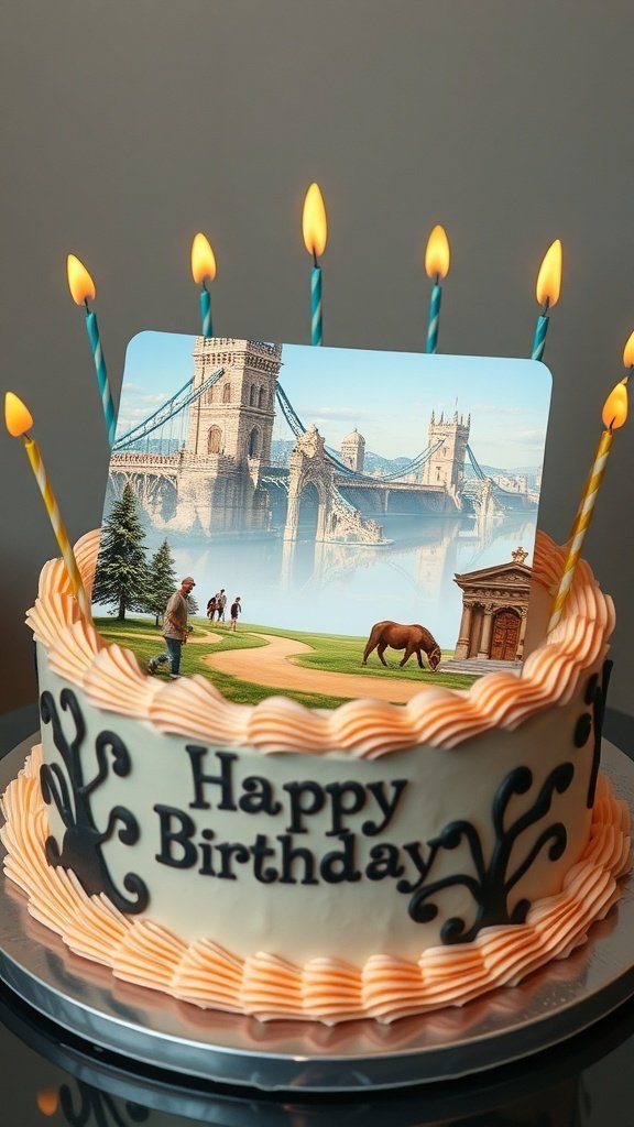 A birthday cake with a scenic photo on top, decorated with orange frosting and black designs, featuring lit candles.