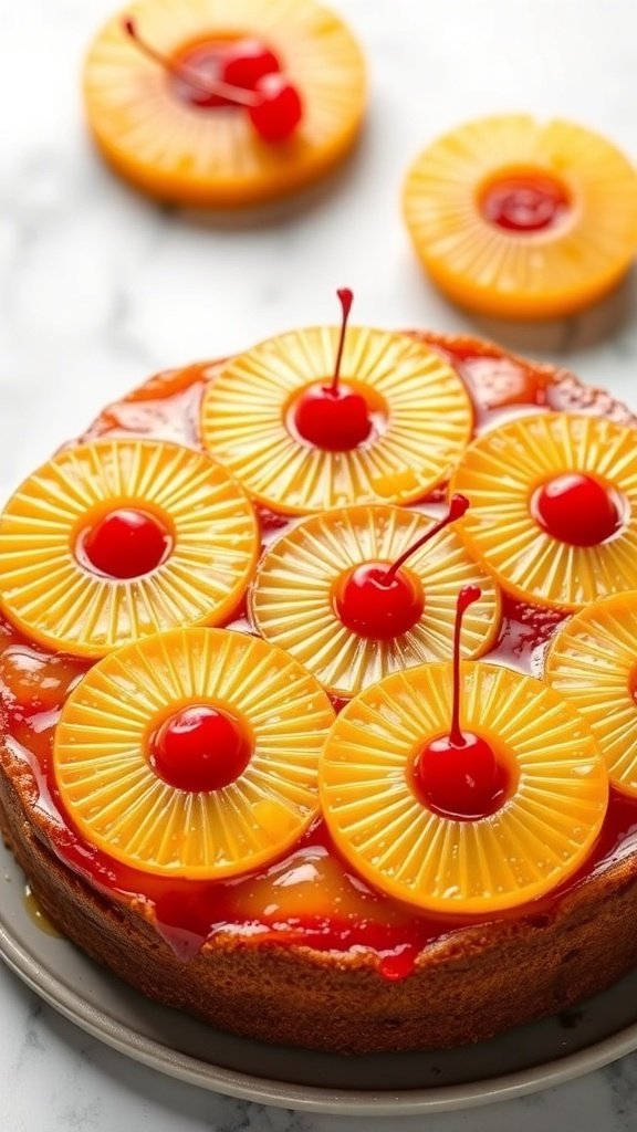 A beautifully decorated pineapple upside-down cake with pineapple rings and cherries on top.