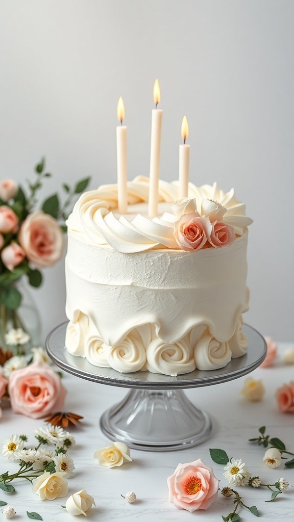 A beautifully decorated vanilla bean celebration cake with three lit candles and fresh roses.