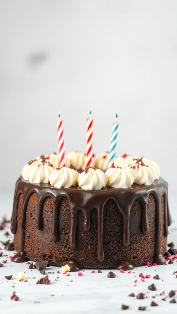 A chocolate drip birthday cake with candles and sprinkles
