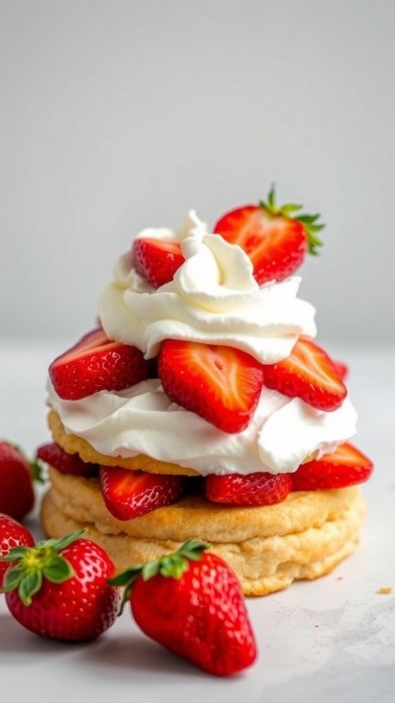 A delicious strawberry shortcake topped with fresh strawberries and whipped cream.