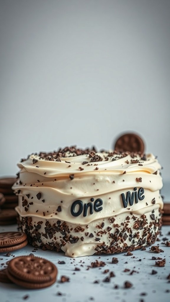 A cookies and cream cake decorated with frosting and chocolate shavings, surrounded by chocolate cookies.