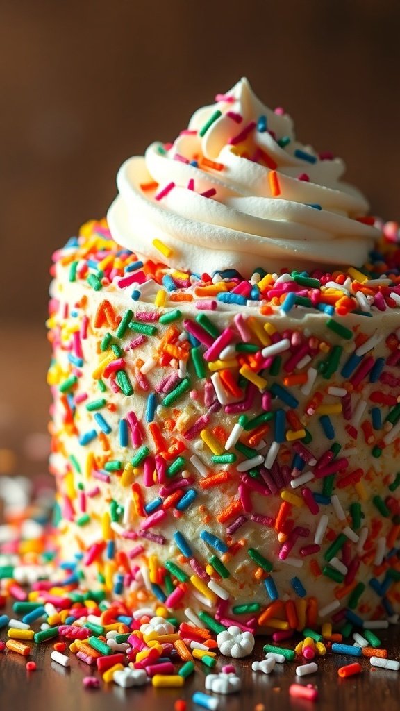 A colorful Funfetti cake topped with white frosting and sprinkles