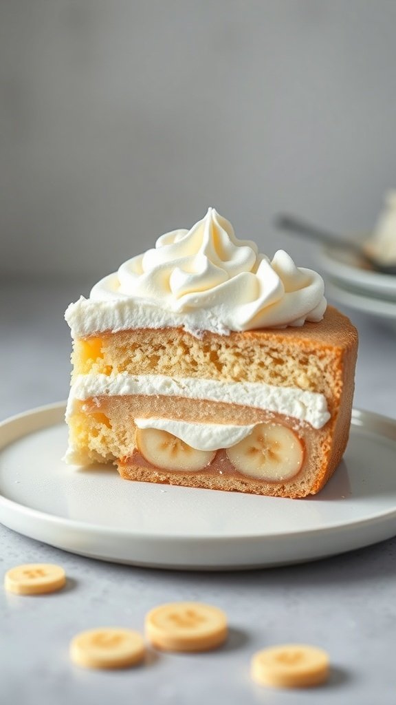 A slice of Banana Cream Pie Cake on a plate, showcasing layers of sponge cake, banana slices, and whipped cream.