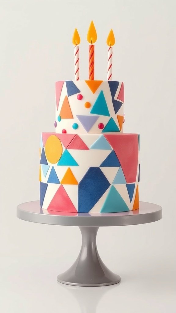A colorful geometric birthday cake with triangles and circles, topped with three candles.