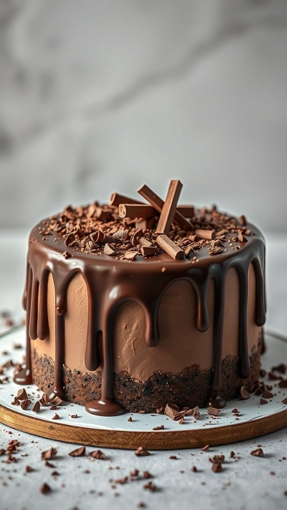 A beautifully decorated Chocolate Ganache Drip Cake with chocolate shavings and sticks on top.