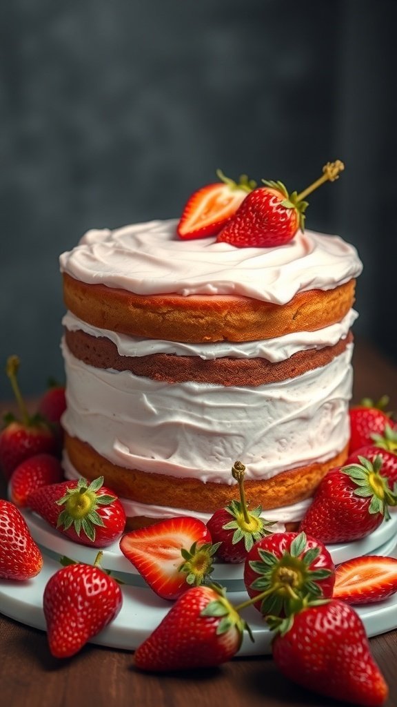 A gourmet strawberry layer cake with cream cheese frosting, decorated with fresh strawberries.