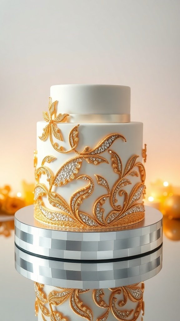 A luxurious cake with golden metallic accents and intricate designs.