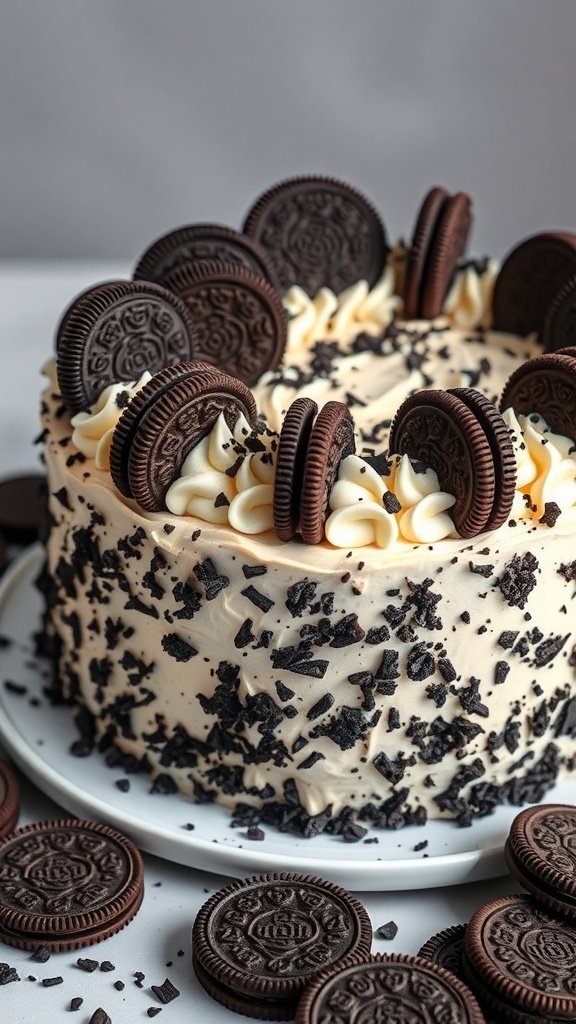 A beautifully decorated Oreo Cookies and Cream Cake topped with whole Oreos and crushed cookie pieces.