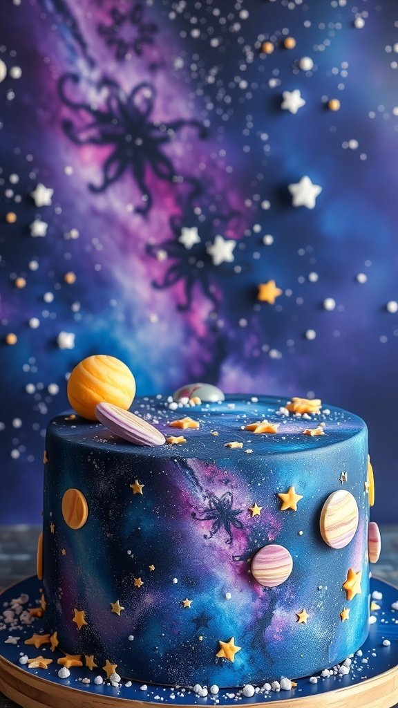 A beautifully designed Galaxy Cake with a cosmic theme, featuring planets and stars on a blue and purple background.