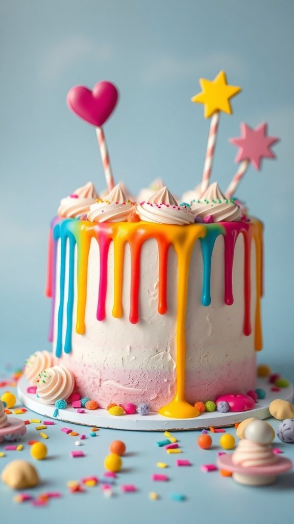 A colorful whimsical drip cake with vibrant drips, meringue swirls, and playful decorations.