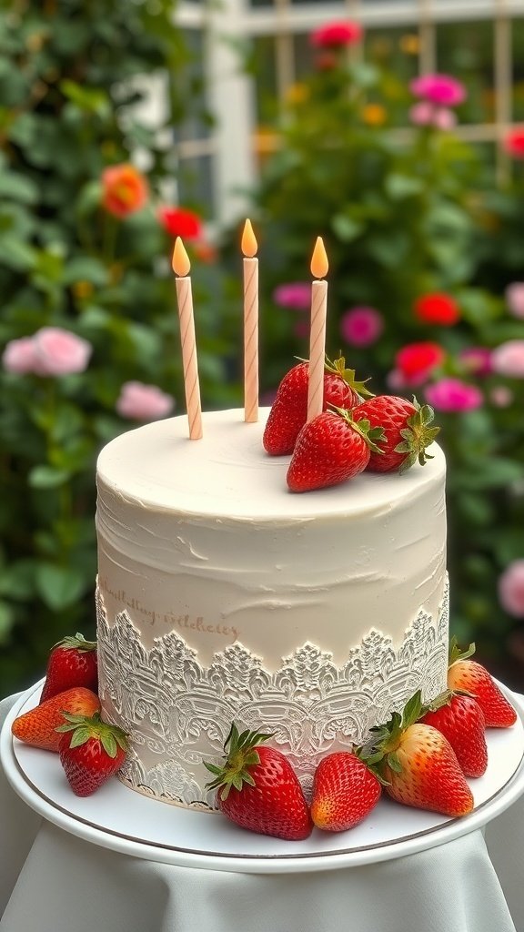 A vintage-inspired strawberry birthday cake with three candles on top, surrounded by fresh strawberries and a lace design.
