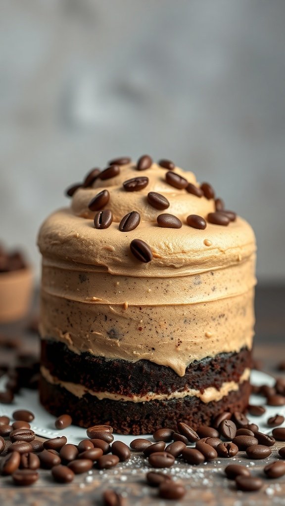 A delicious coffee mocha cake topped with coffee beans.