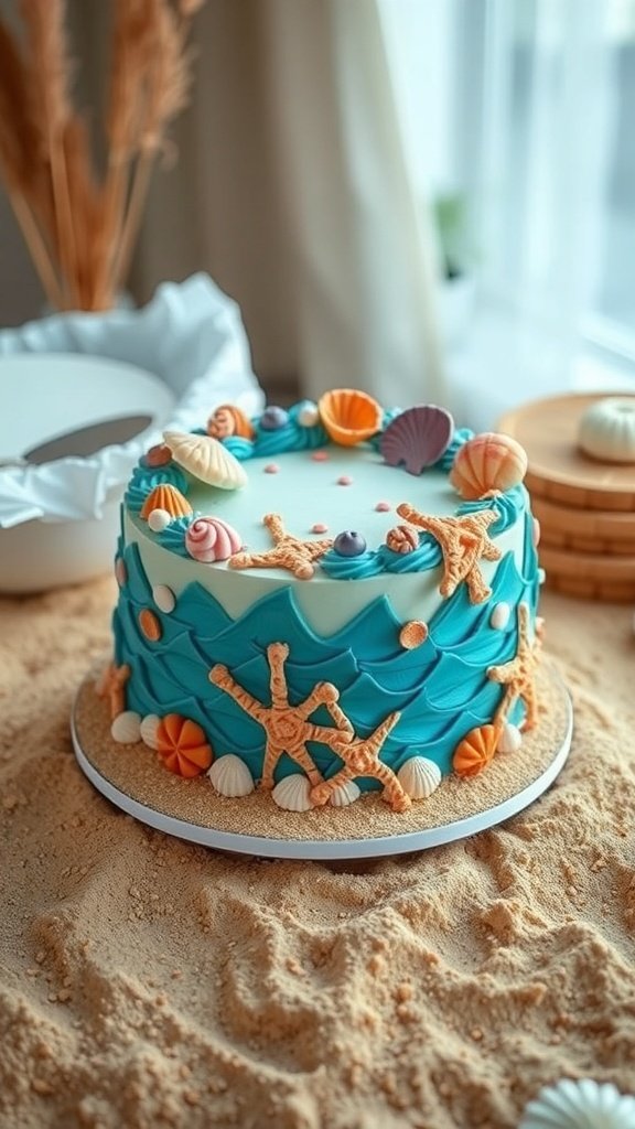 A beautifully decorated Under the Sea cake with blue frosting, shells, and starfish.
