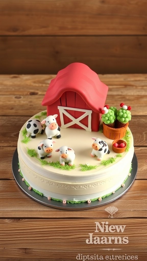 A farm animal cake featuring an edible barn and fondant cows, decorated with green grass.