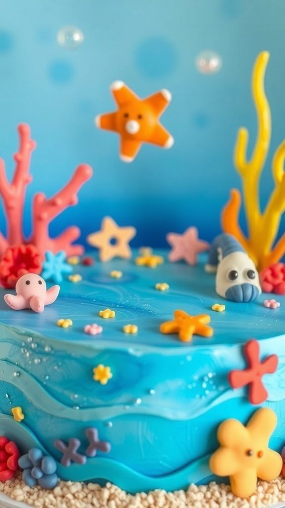 A colorful Under the Sea themed birthday cake with blue frosting, coral decorations, and cute sea creatures.
