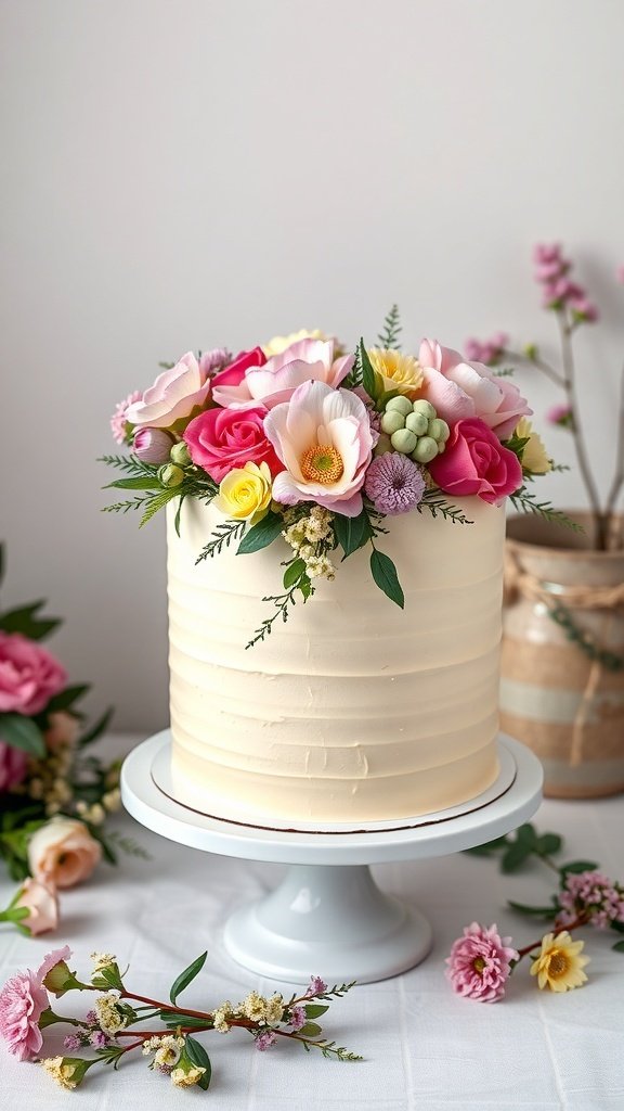 A beautifully decorated vanilla bean buttercream cake topped with colorful flowers.