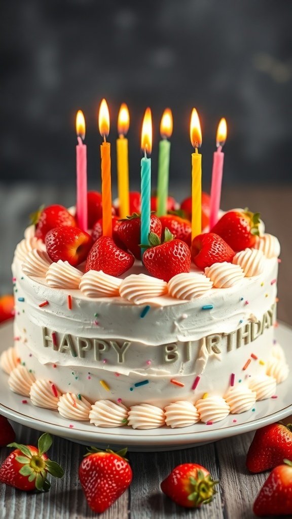 A festive strawberry birthday cake with colorful candles and fresh strawberries on top.