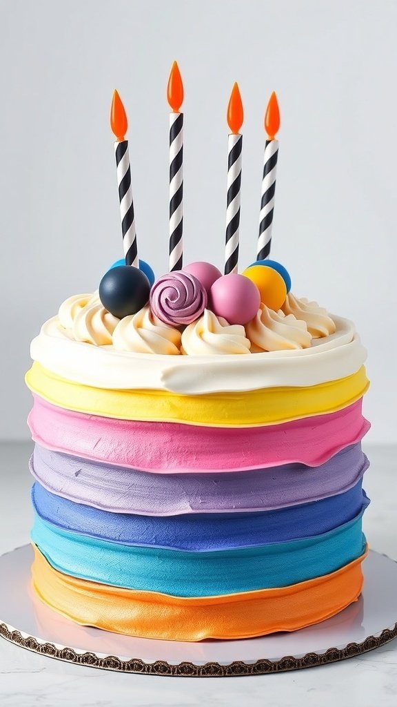 A colorful birthday cake with bold ombre effects, featuring layers of pink, purple, blue, and orange, topped with decorative candies and candles.