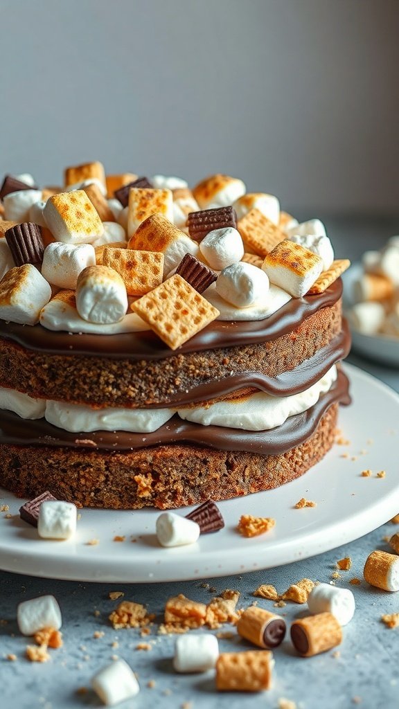 A delicious S'mores cake topped with toasted marshmallows and chocolate.