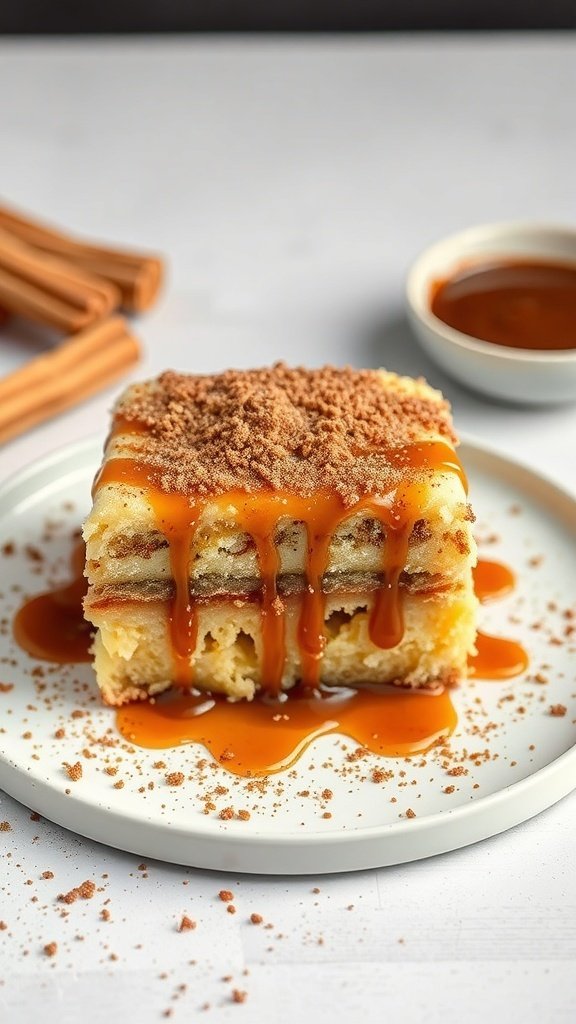 A delicious churro cake topped with caramel sauce and cinnamon sugar, served on a white plate.
