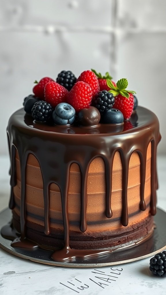 A beautifully decorated chocolate drip cake topped with fresh berries.