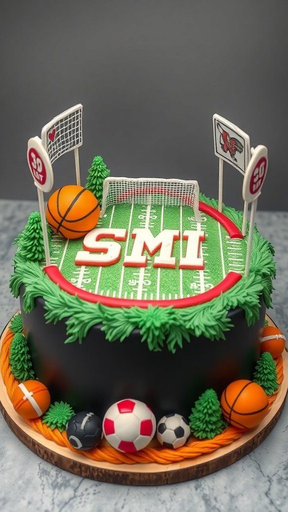 A sports-themed birthday cake featuring a green field, goalposts, and various sports balls.