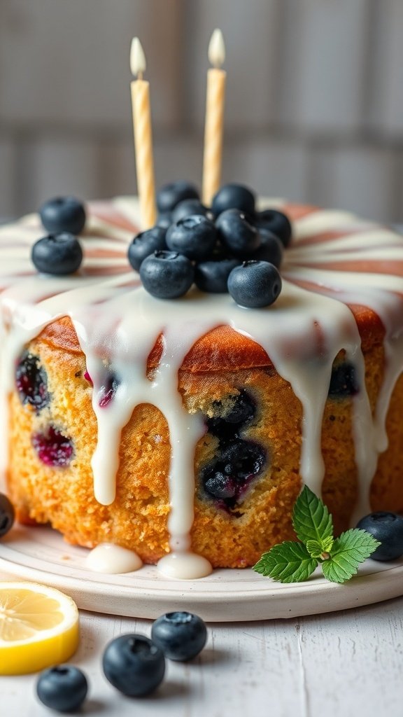 A blueberry lemon drizzle cake with two candles on top, decorated with fresh blueberries and a lemon slice.