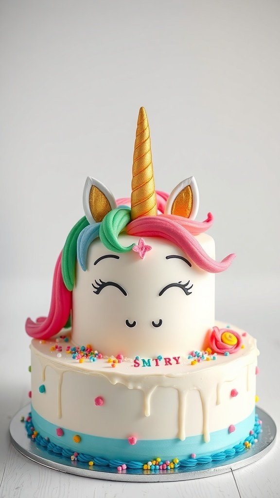 A whimsical unicorn cake with a golden horn, colorful mane, and sprinkles.