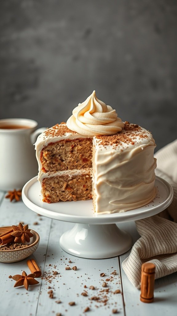 A spiced chai cake with frosting, surrounded by chai spices and a cup of tea.
