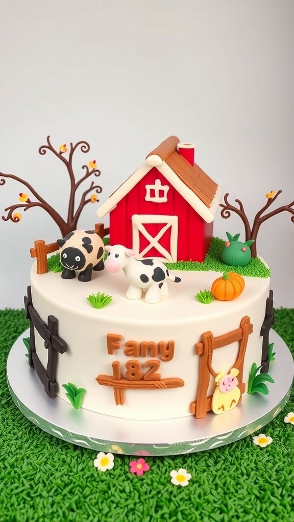 A colorful farm animal cake featuring a red barn, cute animal figurines, and decorative elements like pumpkins and flowers.