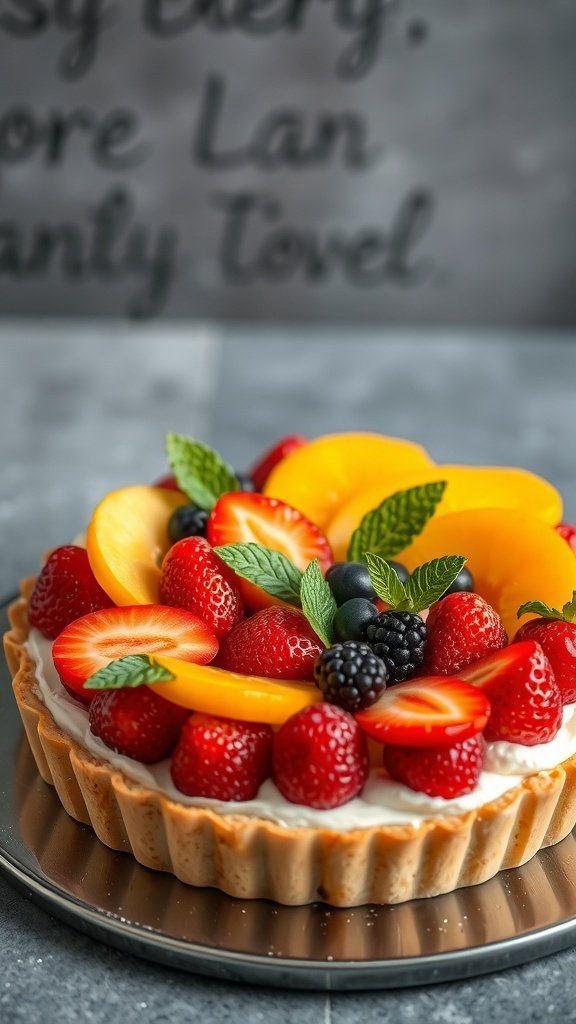 A beautifully decorated fruit tart cake topped with strawberries, peaches, blueberries, and blackberries.