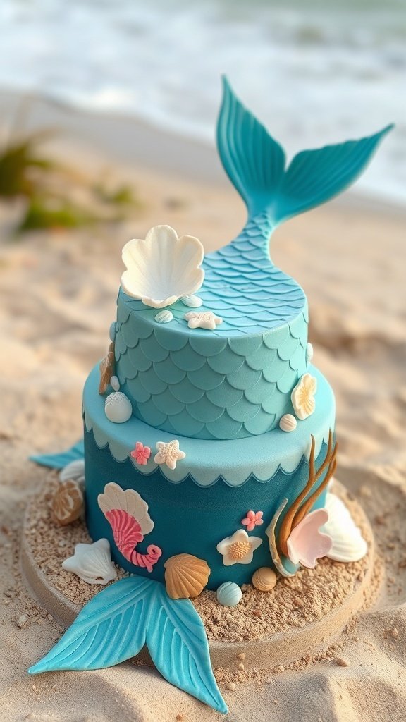 A two-tiered mermaid cake decorated with a tail, shells, and seaweed on a sandy beach.