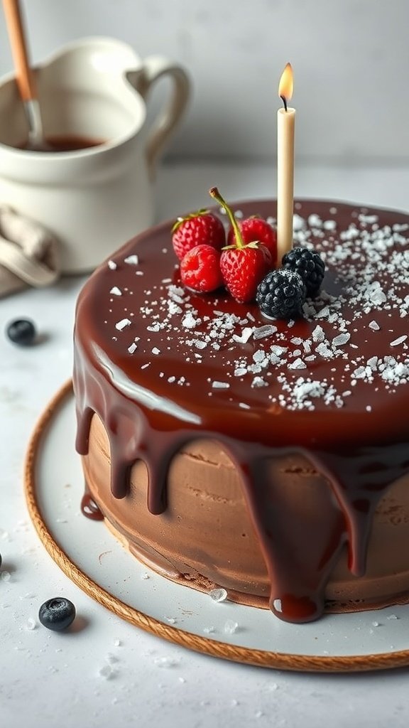 A chocolate ganache cake topped with berries and a candle, showcasing a rich and elegant dessert.