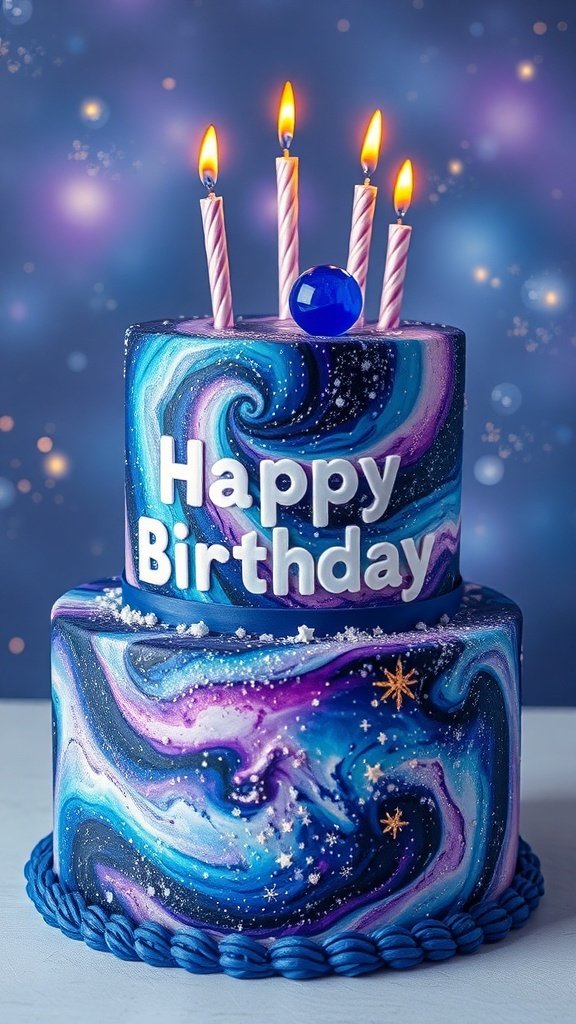 A galaxy-themed birthday cake with swirls of blue and purple, topped with candles and a 'Happy Birthday' message.