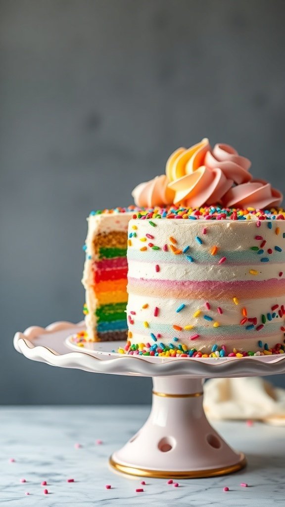 A colorful rainbow layer cake with sprinkles on a pink cake stand, showcasing vibrant layers and decorative frosting.