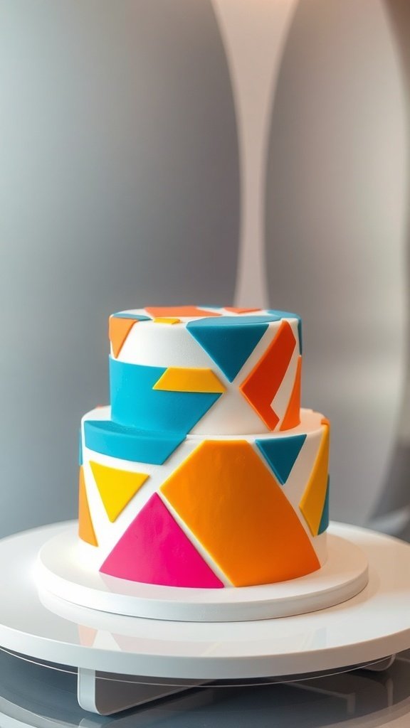 A two-tier cake with bold geometric patterns in vibrant colors.