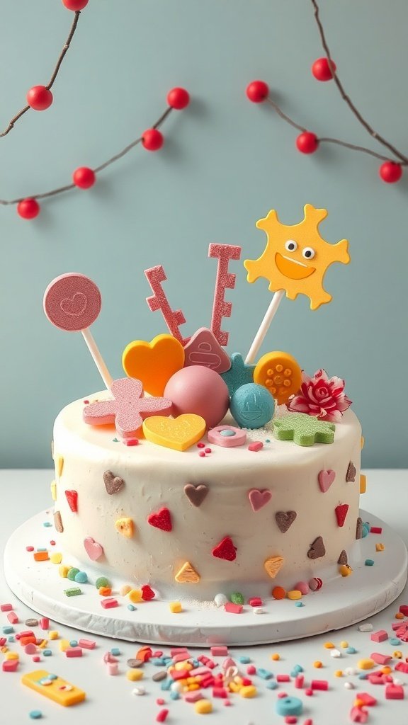 A colorful cake with playful decorations like hearts, stars, and characters, surrounded by sprinkles.