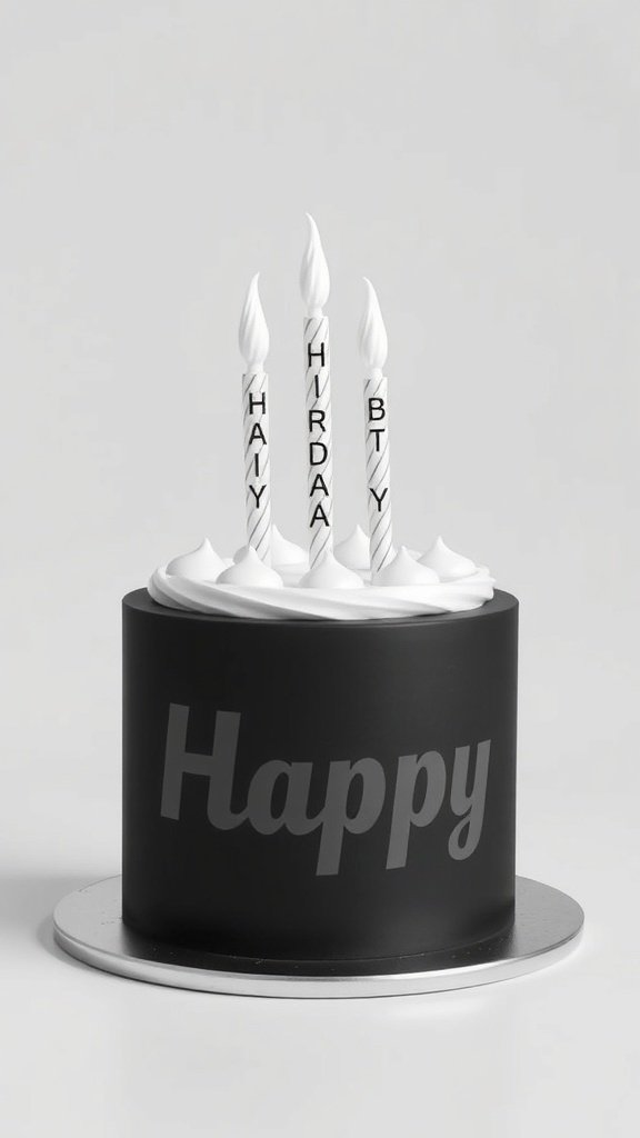 A minimalist birthday cake with a black exterior, white frosting, and three candles spelling out 'HAY HIRDAA BTY'