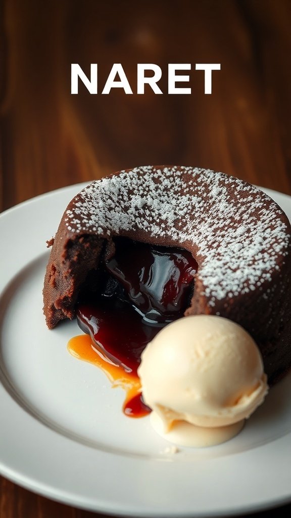 A chocolate lava cake with a gooey center and a scoop of vanilla ice cream.