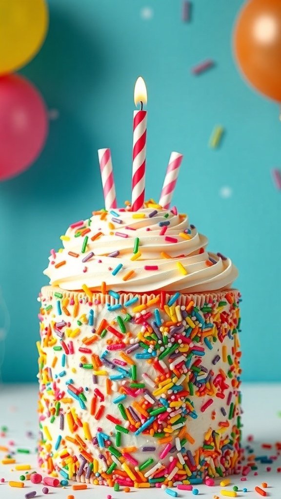 A colorful funfetti birthday cake with sprinkles, candles, and a bright background.