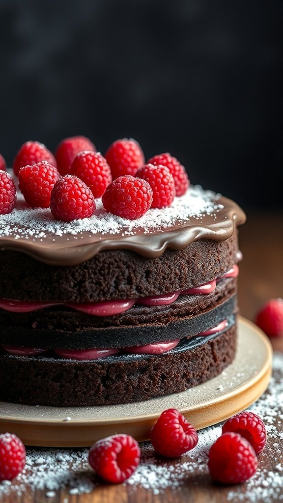A chocolate raspberry cake topped with fresh raspberries and powdered sugar.