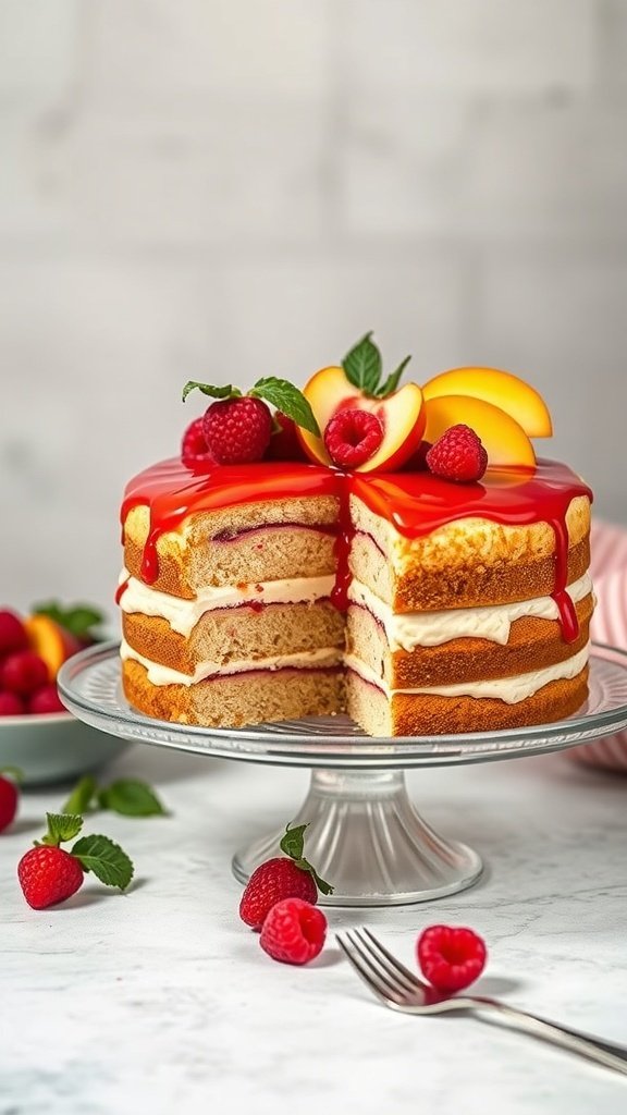 A Peach Melba Cake with layers of sponge, creamy filling, and topped with raspberry sauce and fresh fruit.