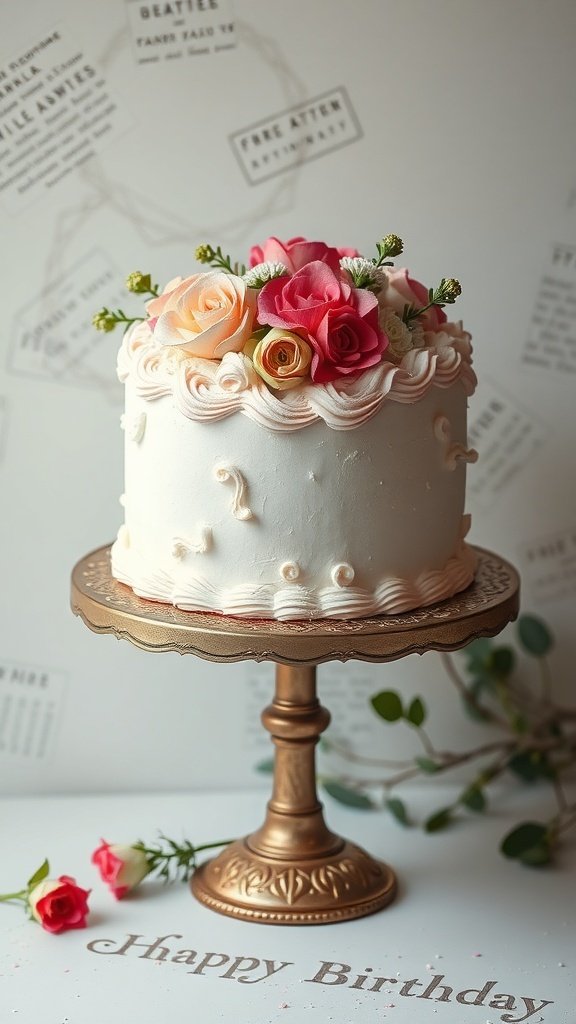 A beautifully decorated birthday cake with floral accents on a gold stand.