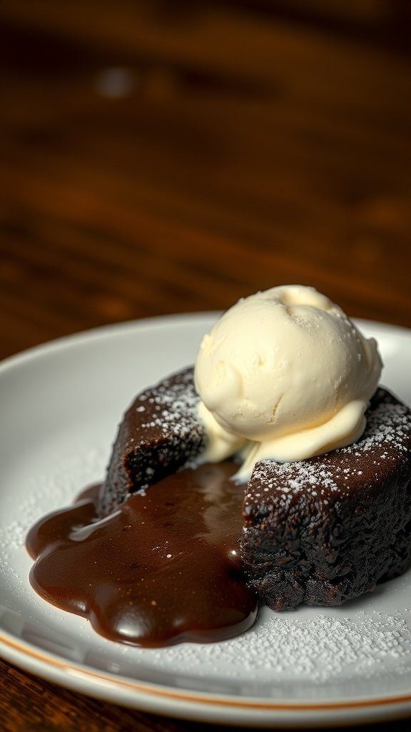 A chocolate lava cake with a scoop of vanilla ice cream on top, served on a plate.
